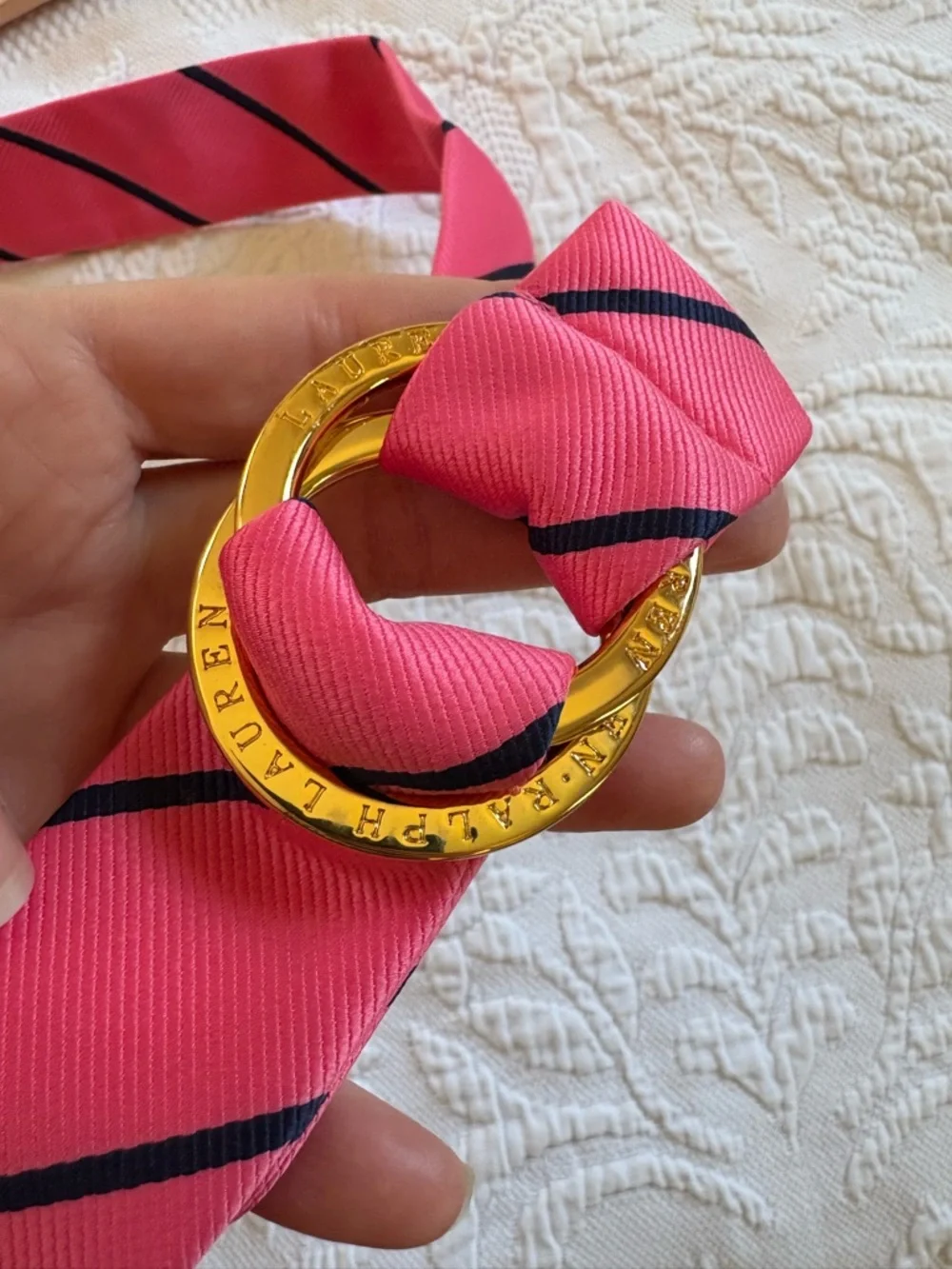 Ralph Lauren navy & pink sash belt gold ring belt adjustable one size